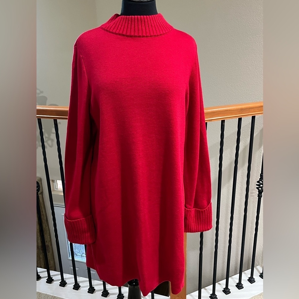 Chico's Vibrant Red LONG SLEEVE MOCK NECK PULLOVER TUNIC SWEATER, SIZE XL